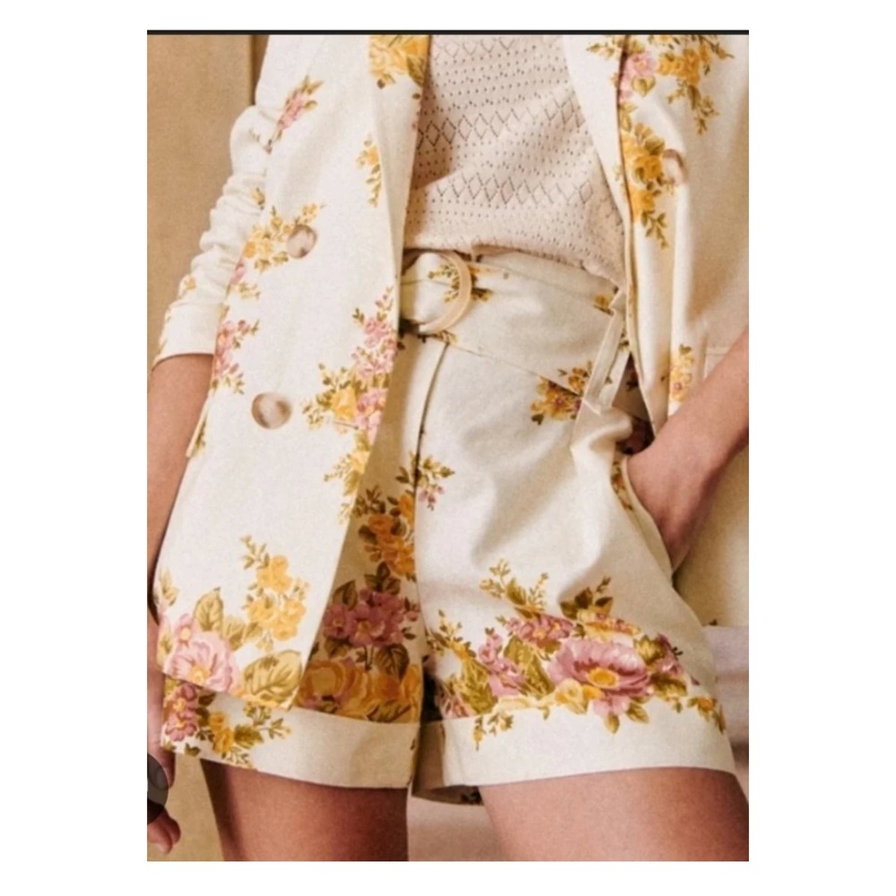 Sezane Women's Linen Shorts Paperbag Floral Belt US 8 / FR 40
